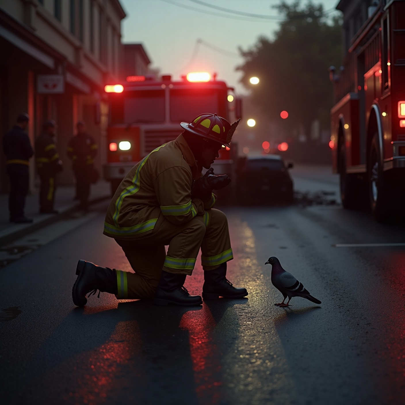 A pigeon walked out of the smoke and straight up to the firefighters — instead of flying away