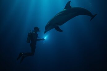 A wild dolphin swam up behind a diver in the dark, squeaked at him until he turned around, and then rolled over and held out its fin.