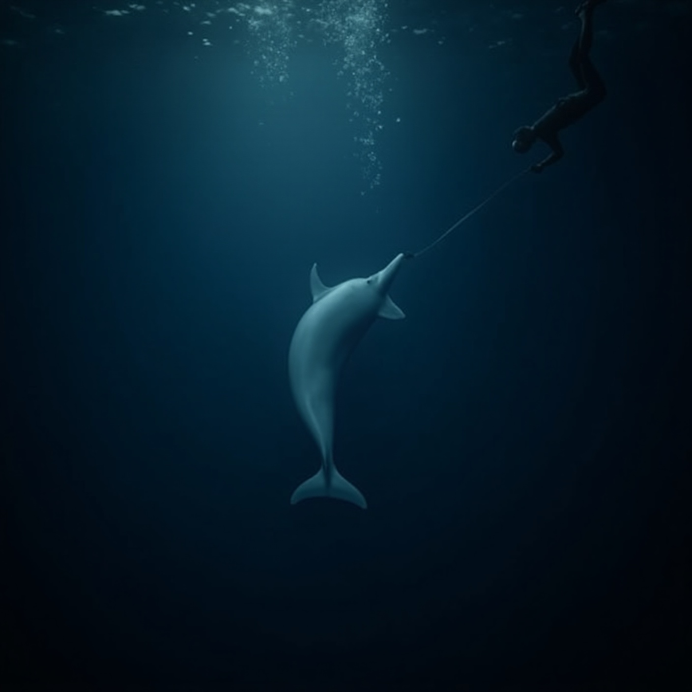 A wild dolphin swam up behind a diver in the dark, squeaked at him until he turned around, and then rolled over and held out its fin.