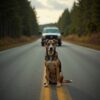 A dog sat down on the center line of an empty road and would not move. The deputy drove off. Then he turned around and came back.