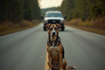 A dog sat down on the center line of an empty road and would not move. The deputy drove off. Then he turned around and came back.