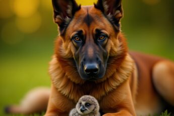 He hatched last and smallest, so tiny the breeders had already given up on his egg. Then a shepherd bred from police dogs took one look at the little owl and appointed himself his bodyguard.