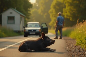 The dog just barked. But the pot-bellied pig squeezed through the pet door and lay down in front of traffic
