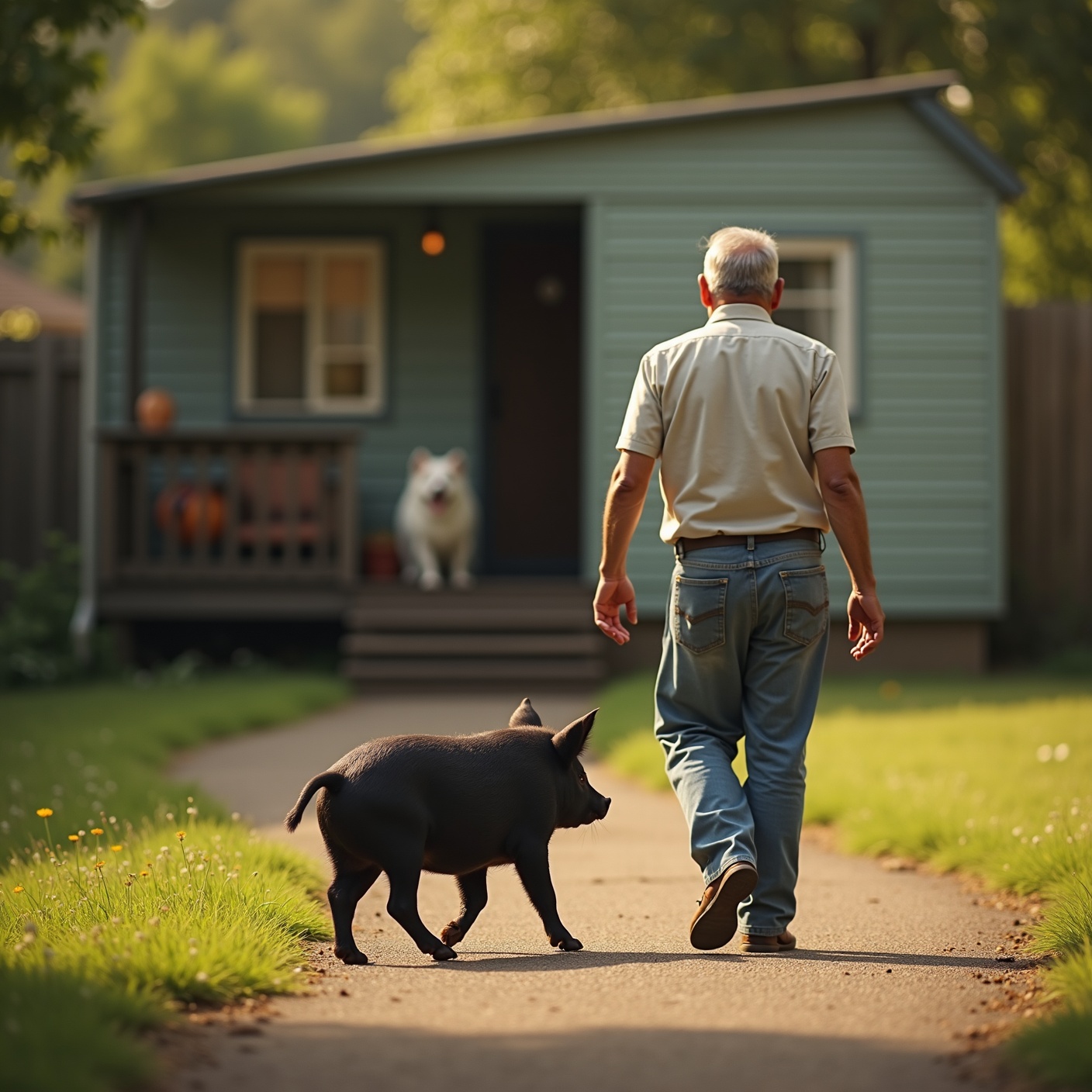 The dog just barked. But the pot-bellied pig squeezed through the pet door and lay down in front of traffic