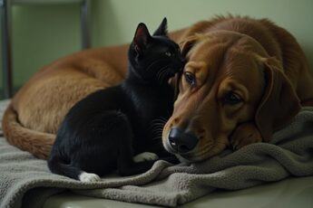 This black cat had a rough start in life. Now he sleeps beside every animal in the shelter that's just come out of surgery