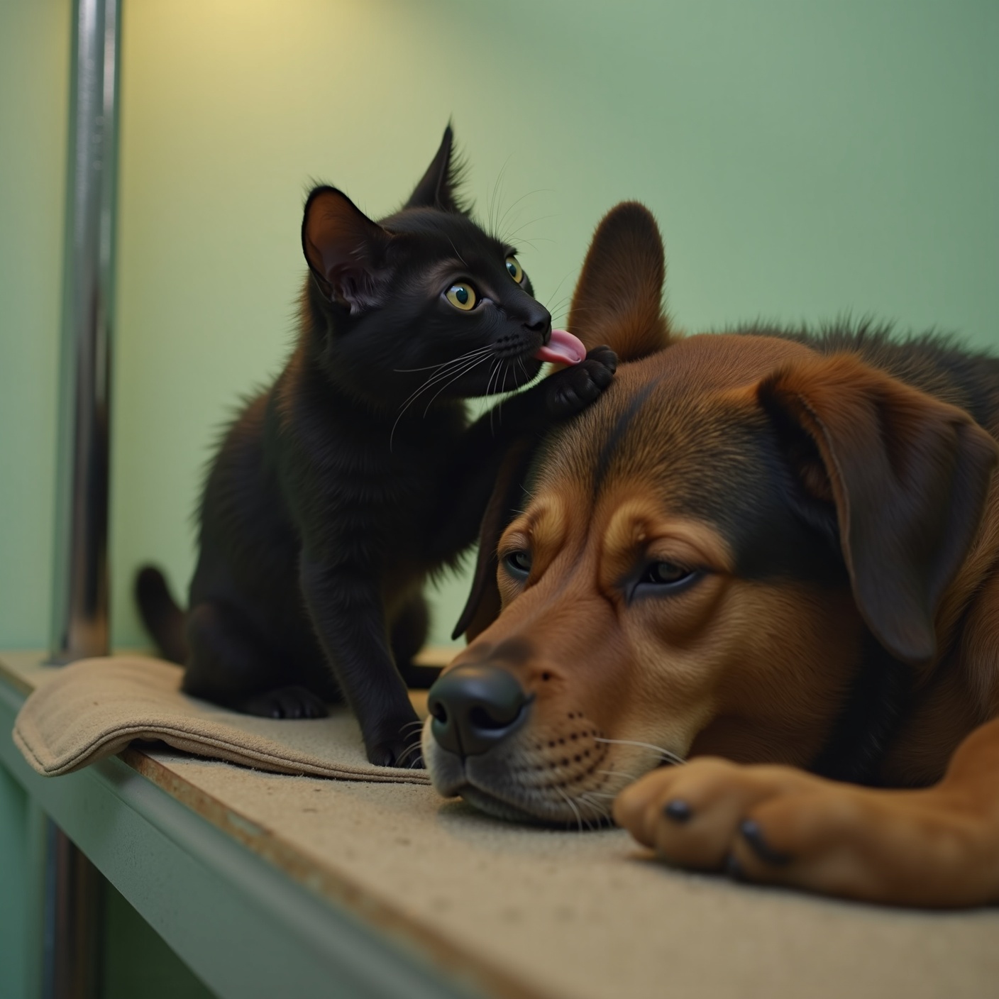 This black cat had a rough start in life. Now he sleeps beside every animal in the shelter that's just come out of surgery