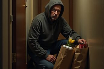 Every Sunday at 10 p.m. he pulls his hood up and leaves groceries at his widowed neighbor's door. She has no idea it's him.