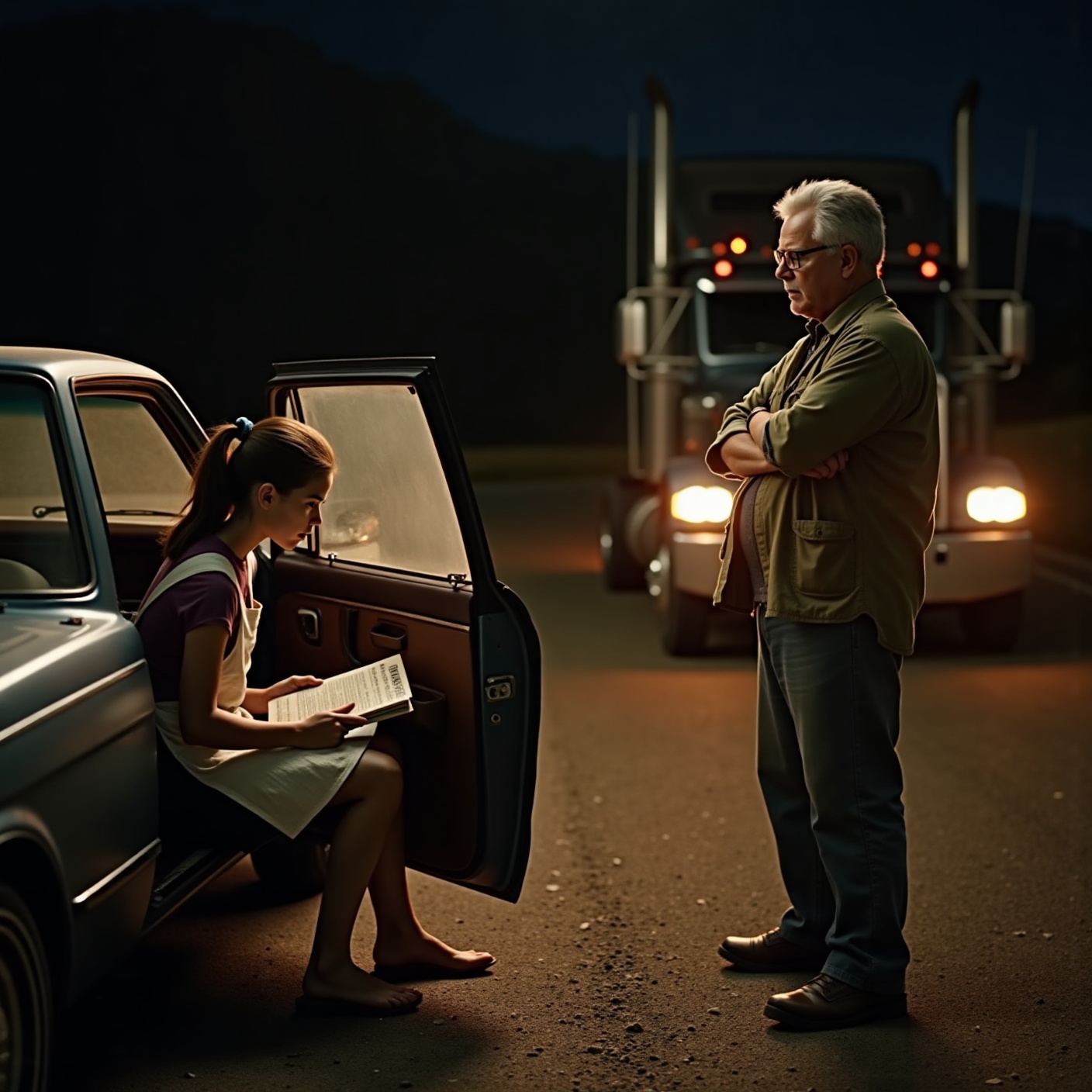 The trucker who stopped for me at midnight laughed at my flat tire and never touched my car. Ten years later I finally understood why