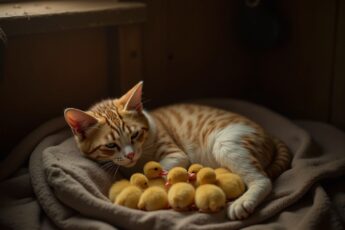 The barn cat had four kittens on Sunday. By Wednesday she was raising nine — and five of them were ducks.
