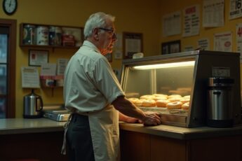 His wife had a stroke in March. He kept opening at four every morning anyway, and the regulars worked out he was getting exactly half an hour a day with her.