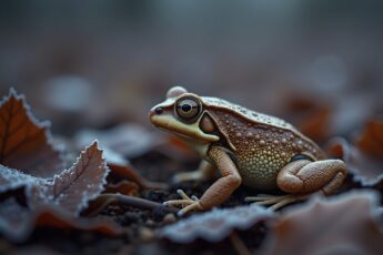 This frog freezes into a block of ice every winter. Heart stopped. Not breathing. Then spring comes and it hops away.